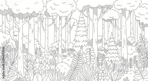 Detailed illustration of forest trees.