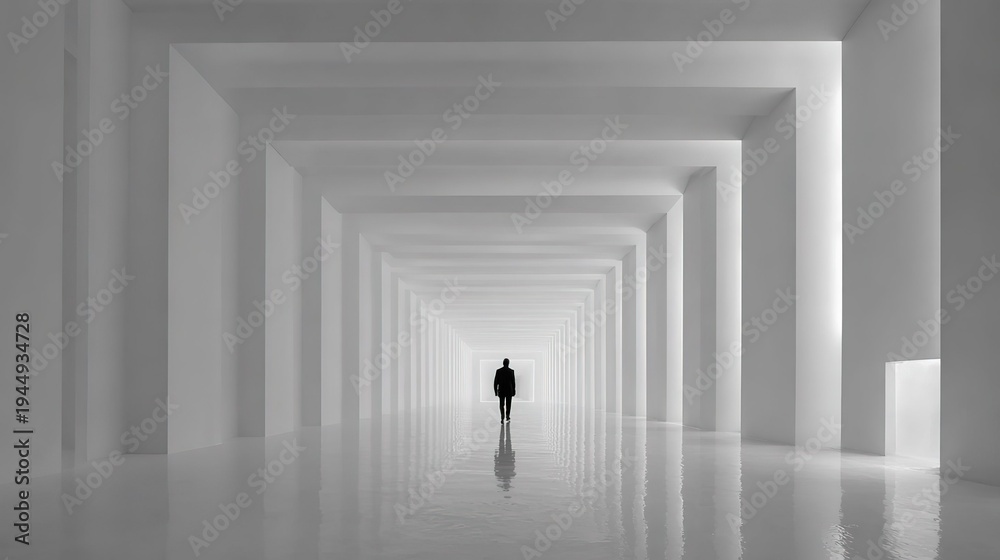 Fototapeta premium uturistic endless white room corridor, symmetrical composition, low angle hyper-realistic scene