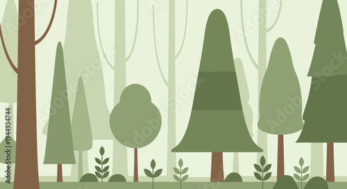 Illustration of various green trees standing.