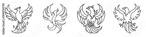 Four Phoenix Birds in Black and White Outline Drawing for Coloring