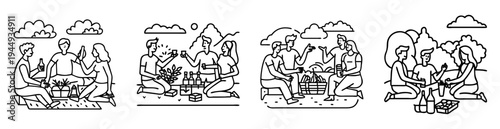 Outlined illustration depicting a group of people enjoying a picnic outdoors