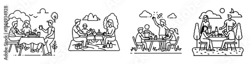 Line art depicting families enjoying picnics in a variety of outdoor settings