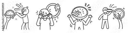 Line art depicting cartoon people having problems with food, maybe too much