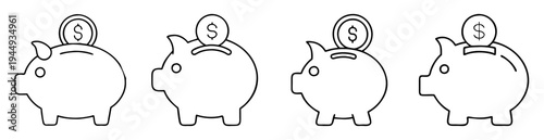 Four stylized piggy banks in black and white with dollar coins