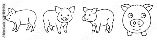 Four simple black and white pig cartoon illustrations in various poses