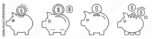 Black and white line art illustration of four different piggy banks