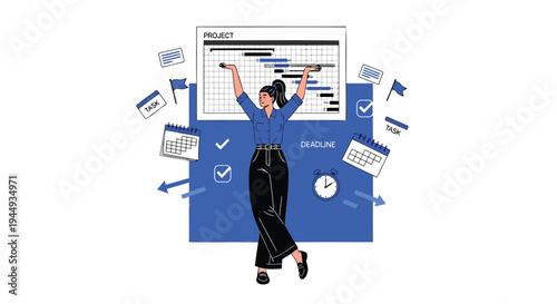 Vector illustration of a woman with office documents and computer screen