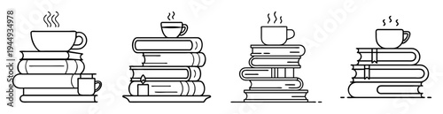 Four different stylized stacks of books, each topped with a coffee mug
