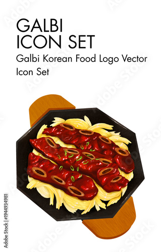 Appetizing vector illustration of traditional Korean grilled short ribs (Galbi) served in a hot pan, a flavorful culinary dish