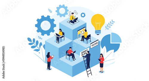 Vector illustration of people working on 3D cubes with business icons
