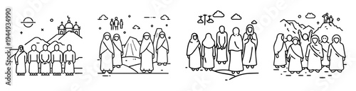 Line art depiction of Hajj Pilgrimage scenes, featuring pilgrims and landmarks