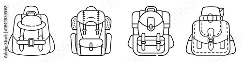 Outlined monochrome illustration of four different cartoon style camping or travel backpacks