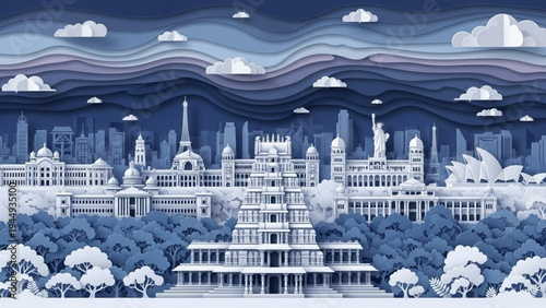 A layered paper art illustration in shades of blue and white, showcasing a grand temple complex surrounded by silhouettes of world-famous monuments and a dense forest under a wavy night sky.