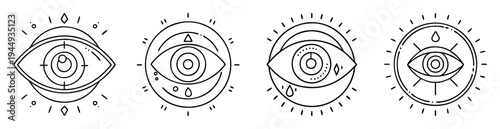 Assortment of Mystical Eye Designs with Geometric Shapes and Radial Lines