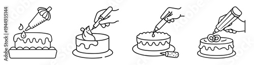 Cake decorating process with pastry bag and icing tubes black outline