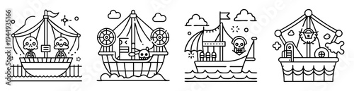 Four unique pirate ship vector illustrations in black and white line art