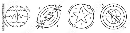 Linear illustration of mystical celestial objects including planets, stars and orbits