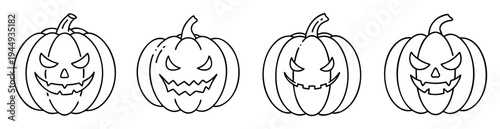 Line art illustration of four Halloween jack o lanterns with varying faces