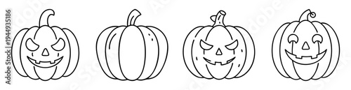Black and white cartoon illustration of four Halloween pumpkins with facial expressions
