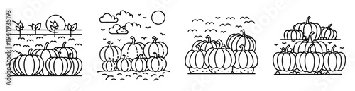 Black and white line drawing of pumpkin patches and autumnal scenes