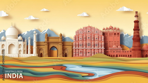 Vibrant paper cut art depicting the Taj Mahal, Hawa Mahal, and Qutub Minar with a backdrop of snow-capped mountains and a warm yellow sky.