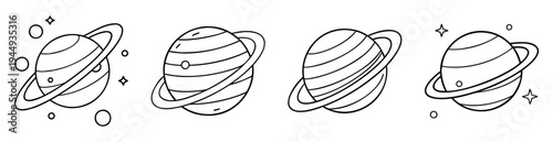 Four cartoon planet Saturns with rings and orbits in space outlined