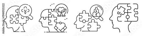 Mental health awareness, mental well being represented by head silhouette and puzzle pieces