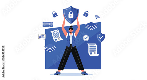 Vector illustration of a man holding a shield with security icons