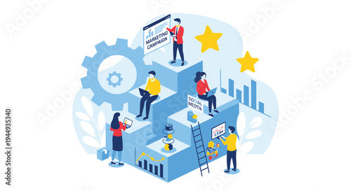 Vector illustration of people working on blocks with gear and stars