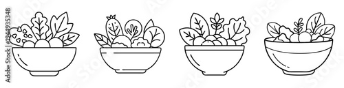Outline illustration of four bowls filled with different types of salads