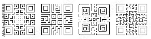Four distinct variations of QR codes displayed in black and white