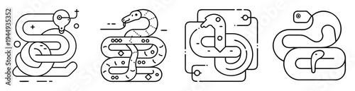 Four stylized minimalist line art snakes with geometric and circuit board elements