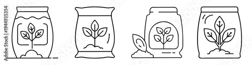 Line art illustrations of bags filled with plant nutrients for agriculture