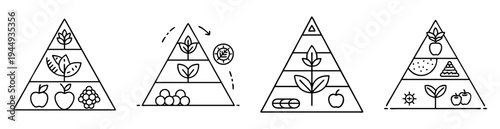 four minimalistic diagrams of nutrition and food pyramids with different structures
