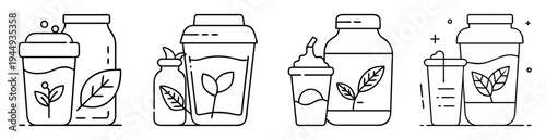 Four different compositions of organic drinks and fresh herbs outline drawing