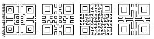 Four Unique Black and White QR Codes with varying pattern complexity