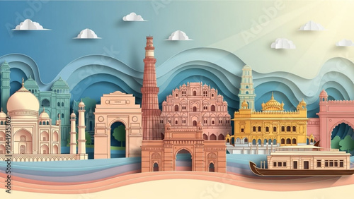 A comprehensive paper cut collage showcasing the diversity of India, including the Golden Temple and a Kerala houseboat, against a wavy sky.