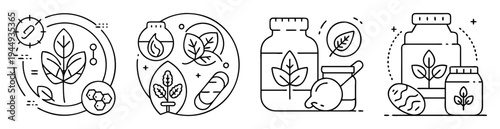 Minimalist line art icons featuring herbal medicine, natural supplements, and organic ingredients