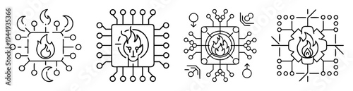 Set of four different stylized processor chips with flame element concept