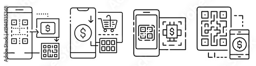 Mobile Payment Methods Including QR Code Scanning, Shopping Cart and Dollar Sign