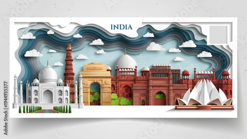 A creative paper cut-out postcard design featuring the Taj Mahal, India Gate, and the Lotus Temple framed by flowing blue clouds and a postage stamp placeholder.