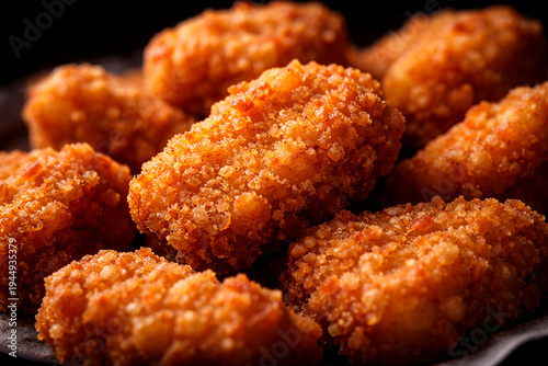 Macro Close Up of Crispy Chicken Nuggets, Golden Fried Breaded Chicken Bites