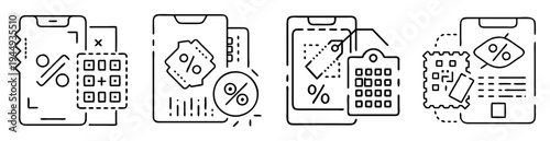 Discount coupon promotion set for mobile phone vector line illustration
