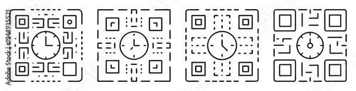 Stylized QR code design with time and geometric shapes in monochrome