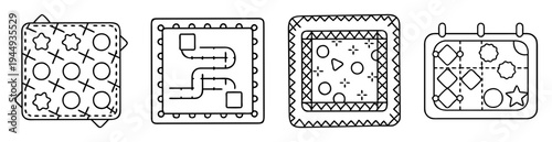 Quirky illustrated puzzle panels with geometric shapes and mazes in outline