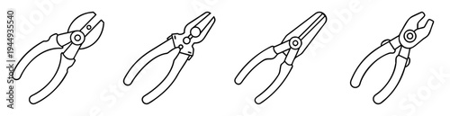 Vector Outlines of Four Different Types of Pliers on a White Background