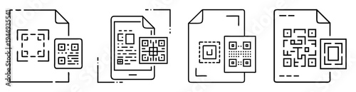Black and white icons of QR codes and documents with a smartphone