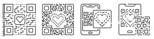 Collection of vector illustrations depicting QR codes incorporated with heart symbols