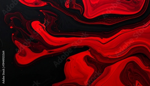 Abstract swirling mix of dark black and vibrant red paints creating fluid patterns and textures