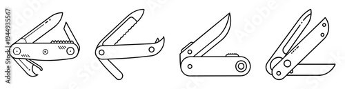 Line art illustrations depicting different styles and functionalities of folding knives